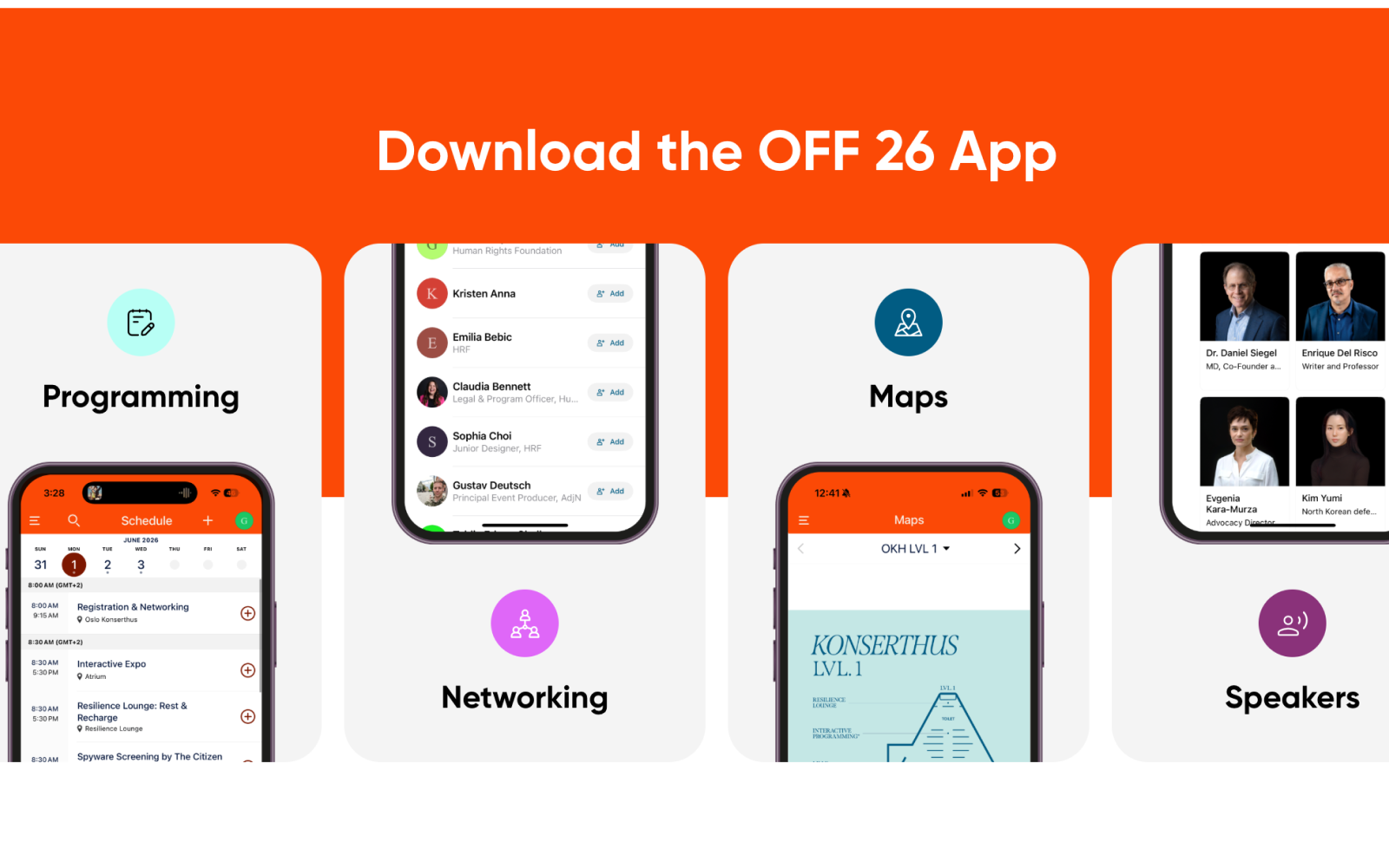 Download the OFF 26 App graphic showing programming, networking, maps, and speakers screens