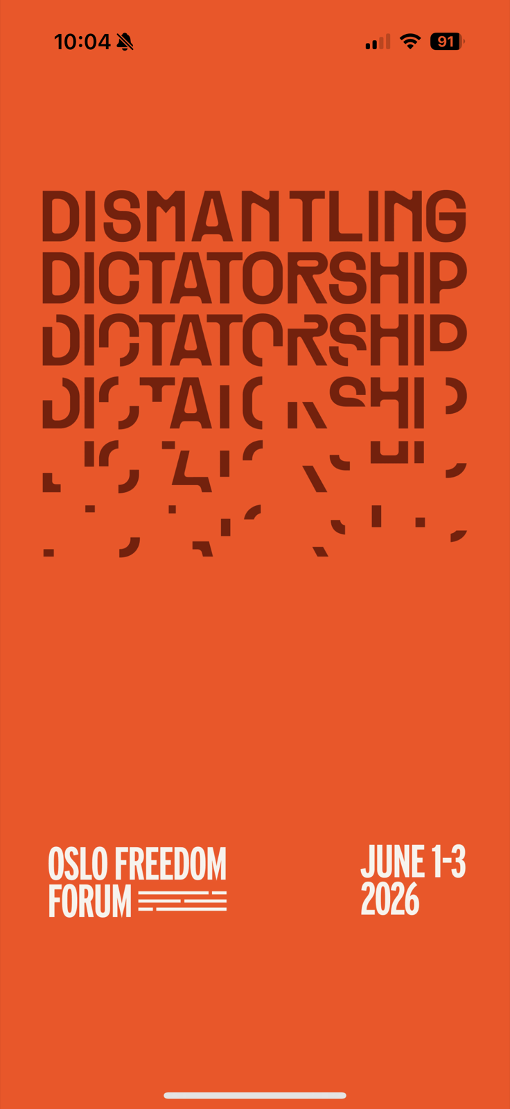 Event app splash screen with the Dismantling Dictatorship 2026 theme