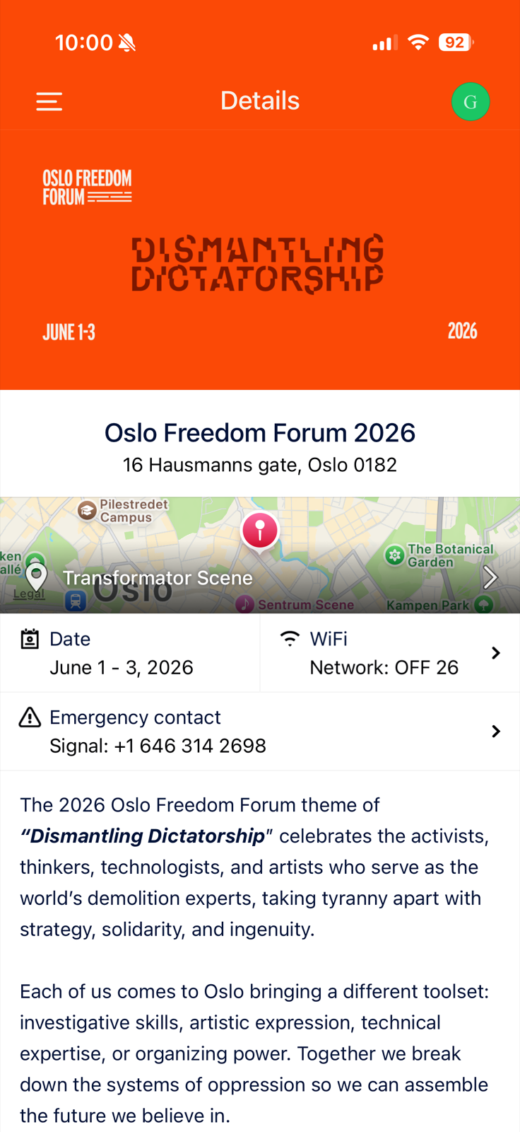 Event app details screen with the Oslo Freedom Forum 2026 venue, dates, and map