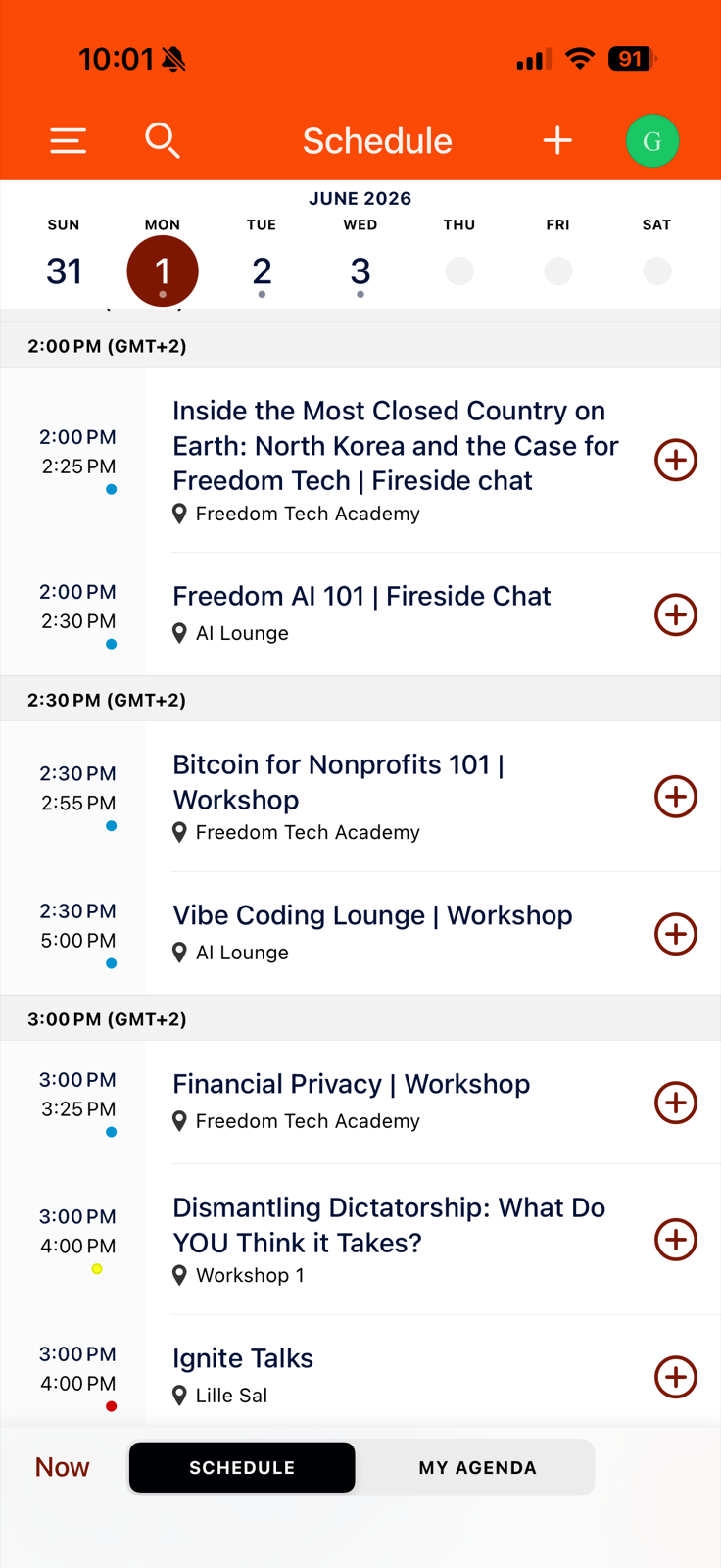 Event app conference schedule with sessions across the three Forum days