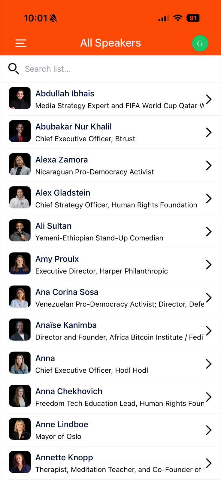 Event app speaker directory with searchable speaker profiles