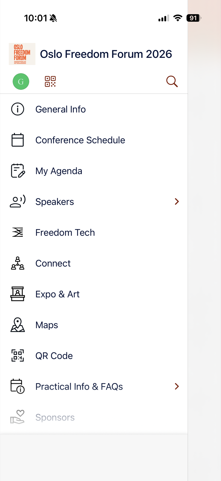 Event app navigation menu with schedule, speakers, maps, and practical info