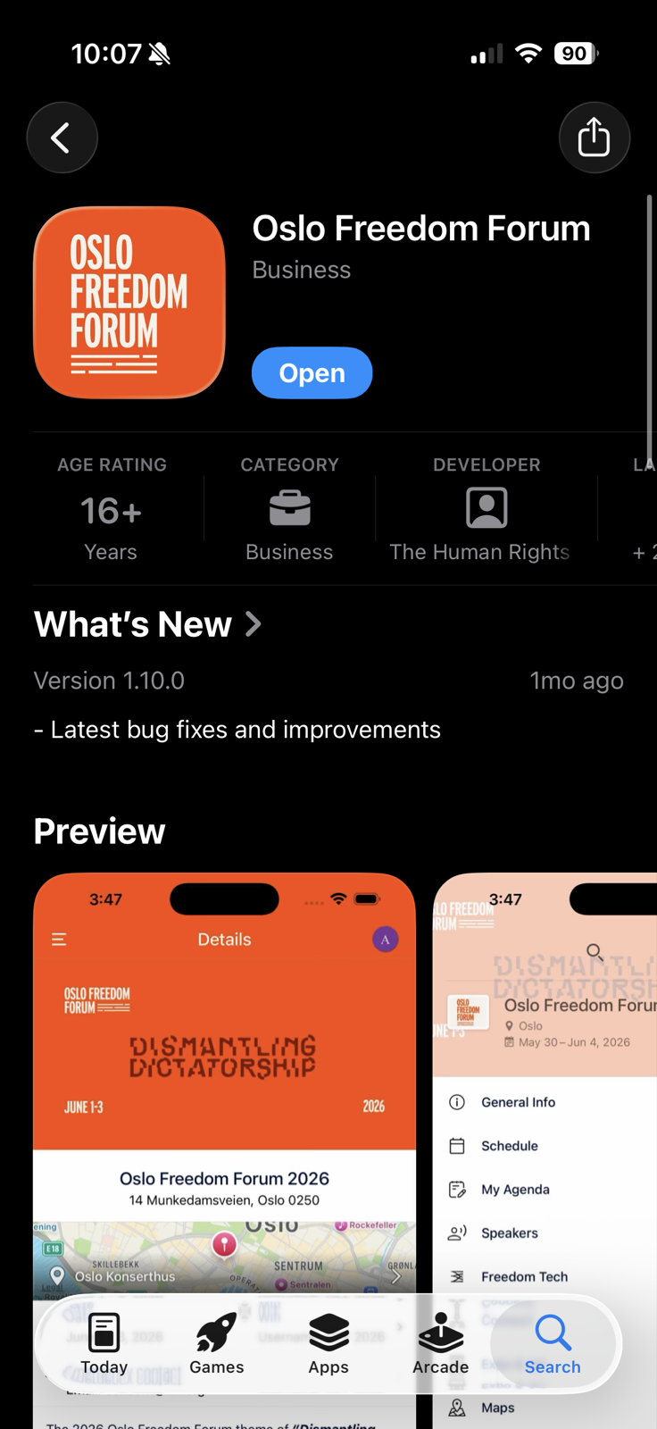 Oslo Freedom Forum app listing on the Apple App Store