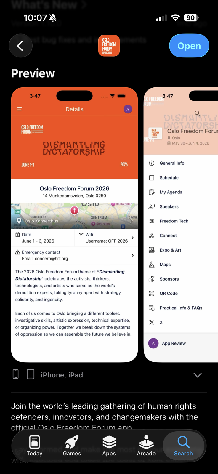 Oslo Freedom Forum app preview screens on the Apple App Store