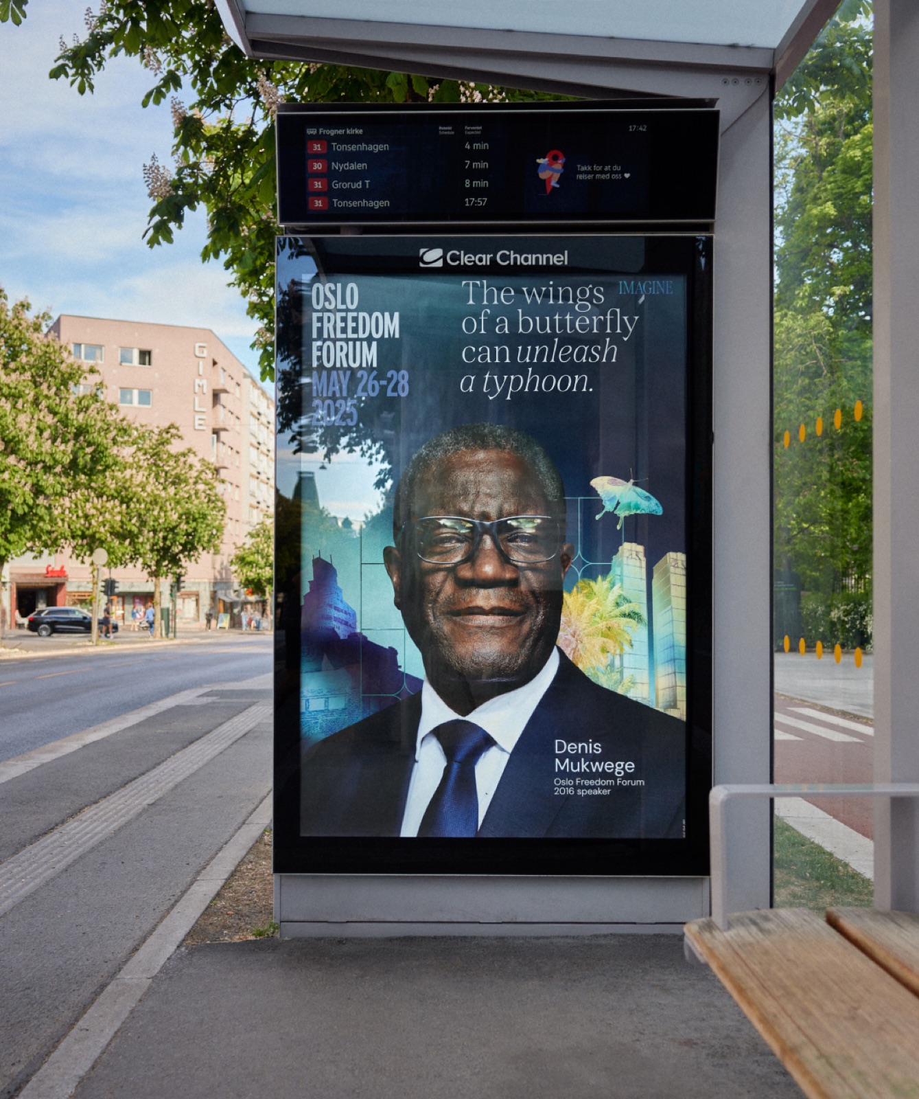 Oslo bus-stop placement of the 2025 campaign featuring Denis Mukwege