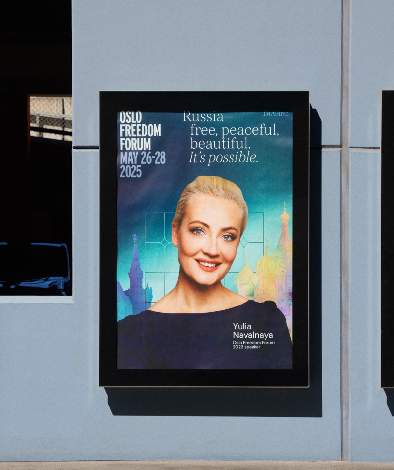 Oslo street placement of the 2025 campaign featuring Yulia Navalnaya
