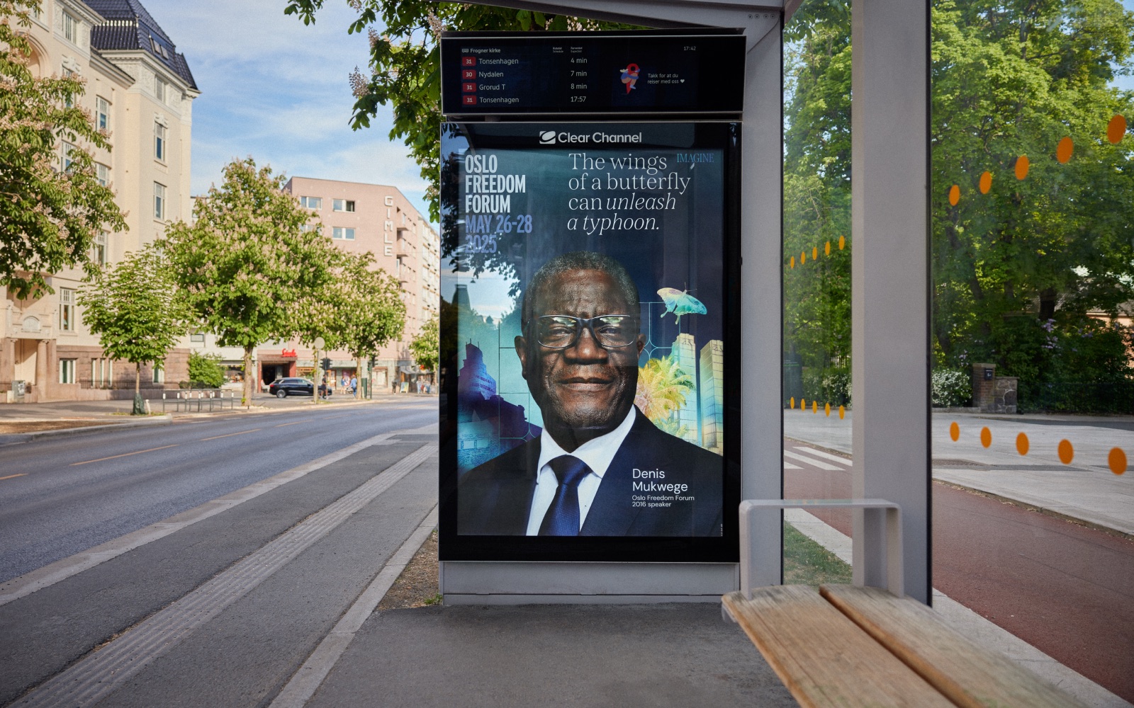 Oslo bus-stop placement of the Oslo Freedom Forum campaign featuring Denis Mukwege