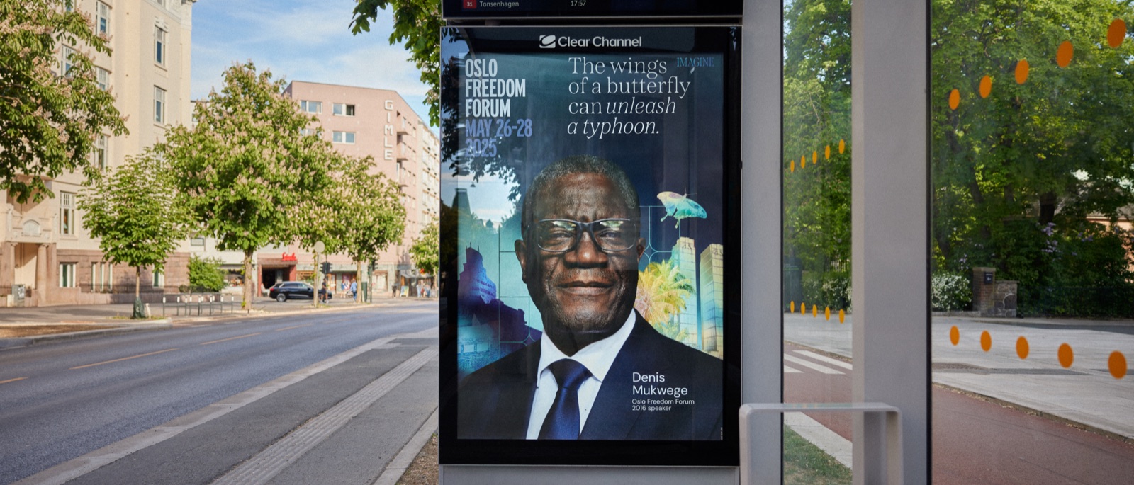 Oslo Freedom Forum campaign poster featuring Denis Mukwege on a Clear Channel bus-stop screen in Oslo