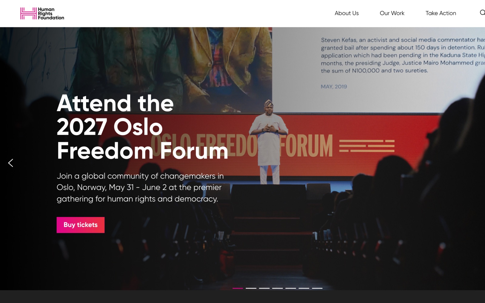 Oslo Freedom Forum website homepage inviting visitors to attend the 2027 Forum